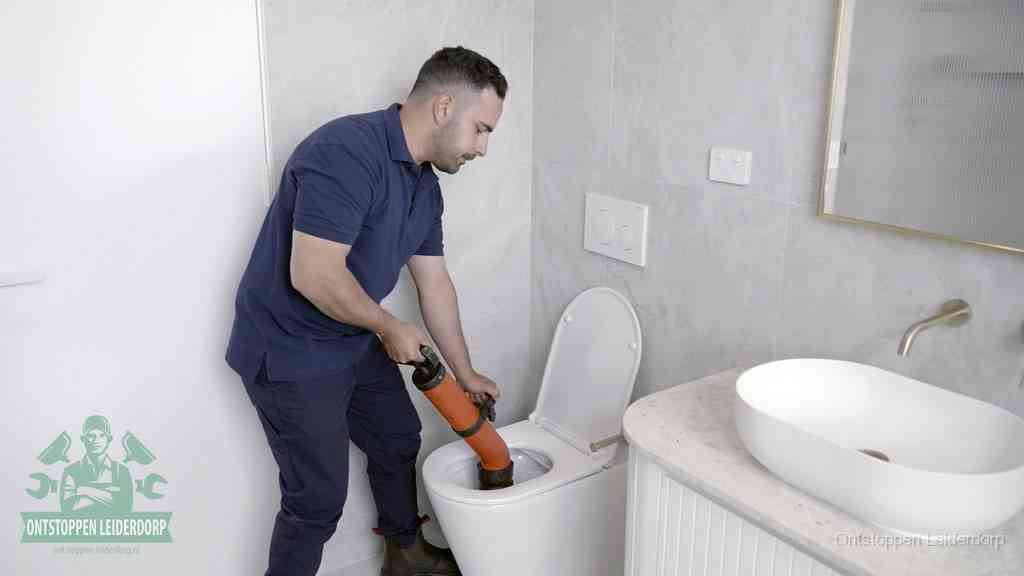 Een wc wordt met een handmatige ontstopper losgepompt, een verstopt toilet zelf ontstoppen met huismiddelen in Leiderdorp